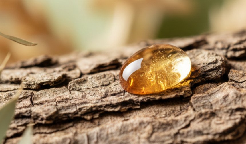 A drop of golden Copaiba resin on tree bark
