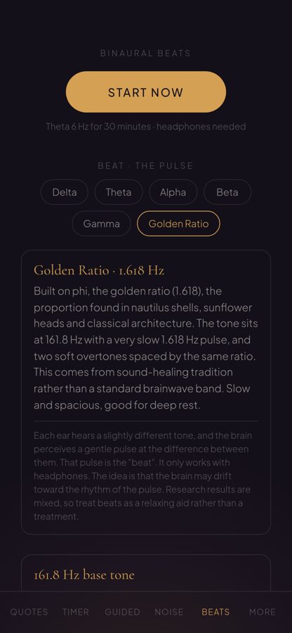 The binaural beats and tones screen